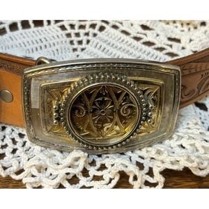 Vintage Western Belt Buckle and Leather Belt Large Gold Tone Silver